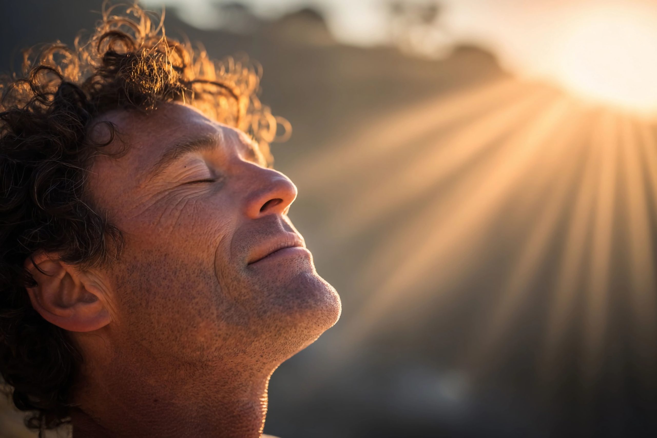 Homme de profil les yeux fermés respirant profondément face au soleil, illustrant l'état de relaxation et de connexion à soi procuré par le Breathwork.
